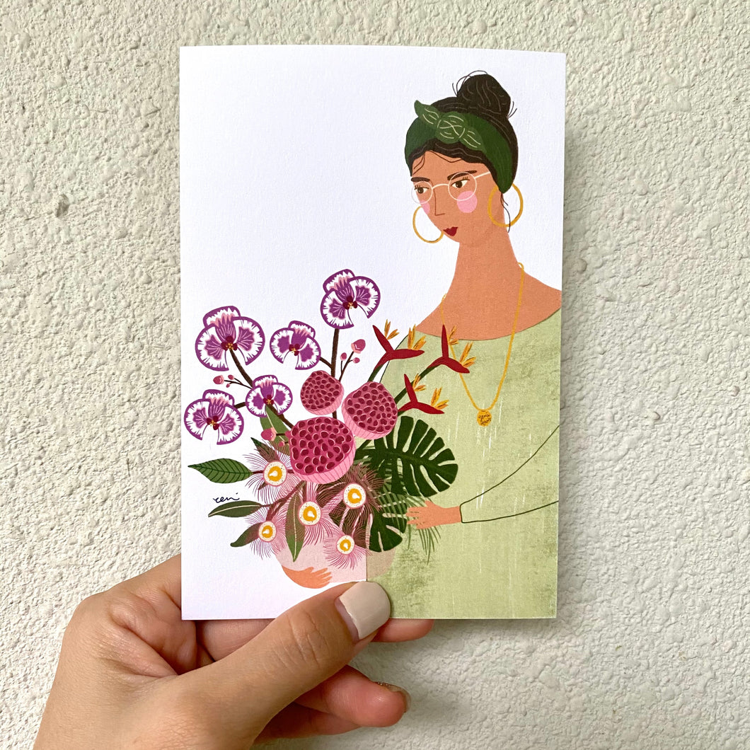 Postcard - Lady & Tropical Florals